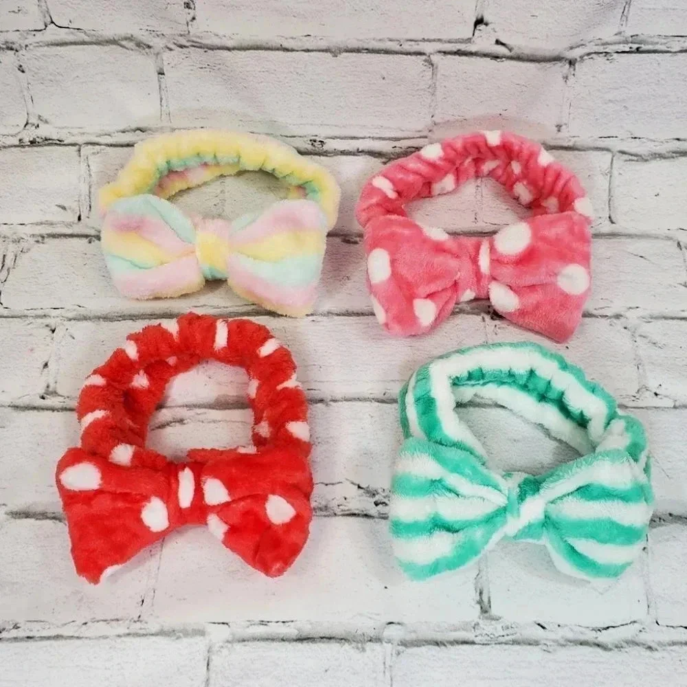 Red and White Polka Dot Super Plush Elastic Bow Spa Headband.
